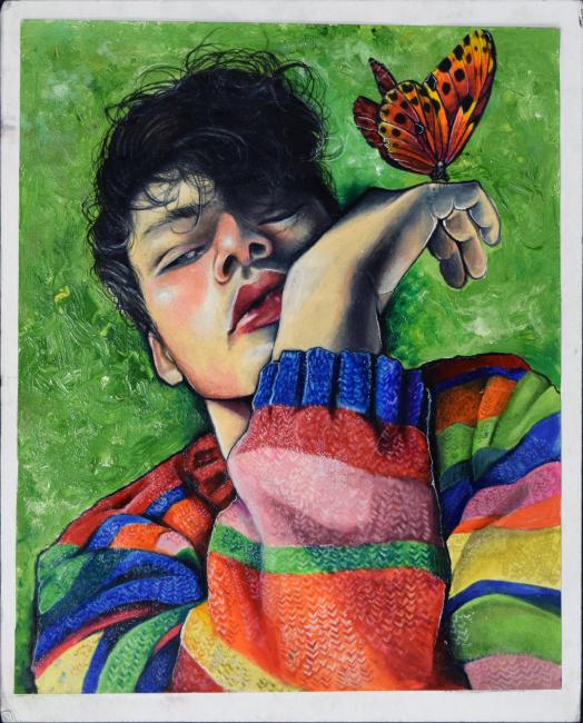 Painting of a person holding a butterfly